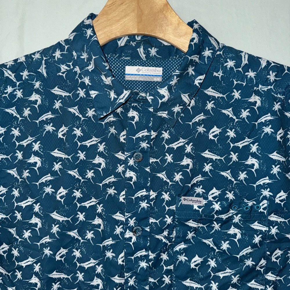 Columbia Shirt Mens Med Blue Marlin Palm Tree Fishing Short Sleeve PFG Vented